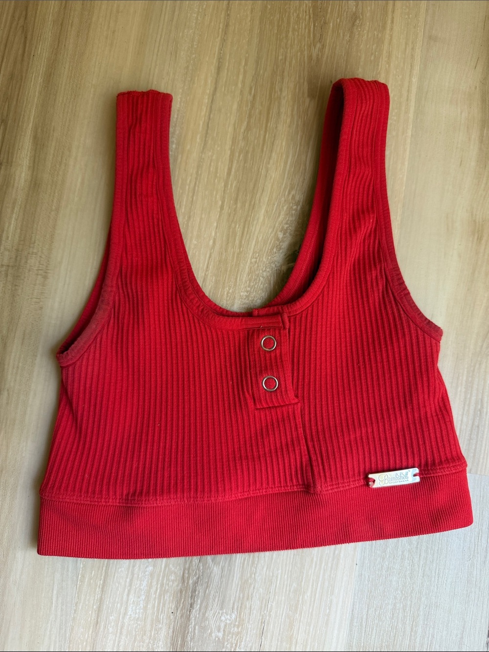 Bombshell Sportswear Red Ribbed Snap-Front Crop Sports Bra